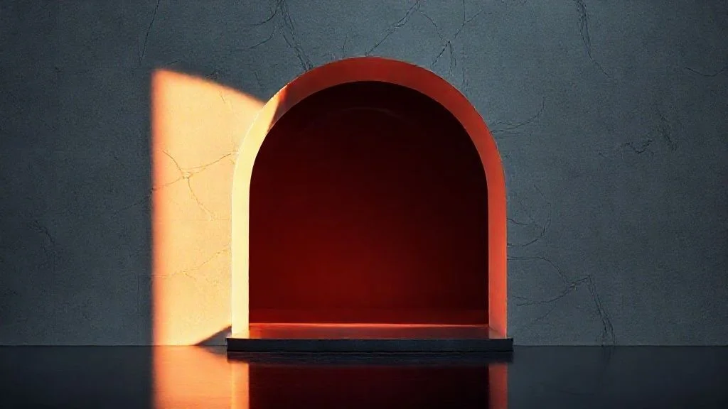 Abstract portal shimmering with iridescent light and geometric fractals, partially obscured by swirling nebulae.