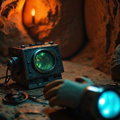 Intricate, futuristic-yet-ancient clockwork mechanism interwoven with glowing fiber optics and crystalline structures, floating in dark liquid-like space.